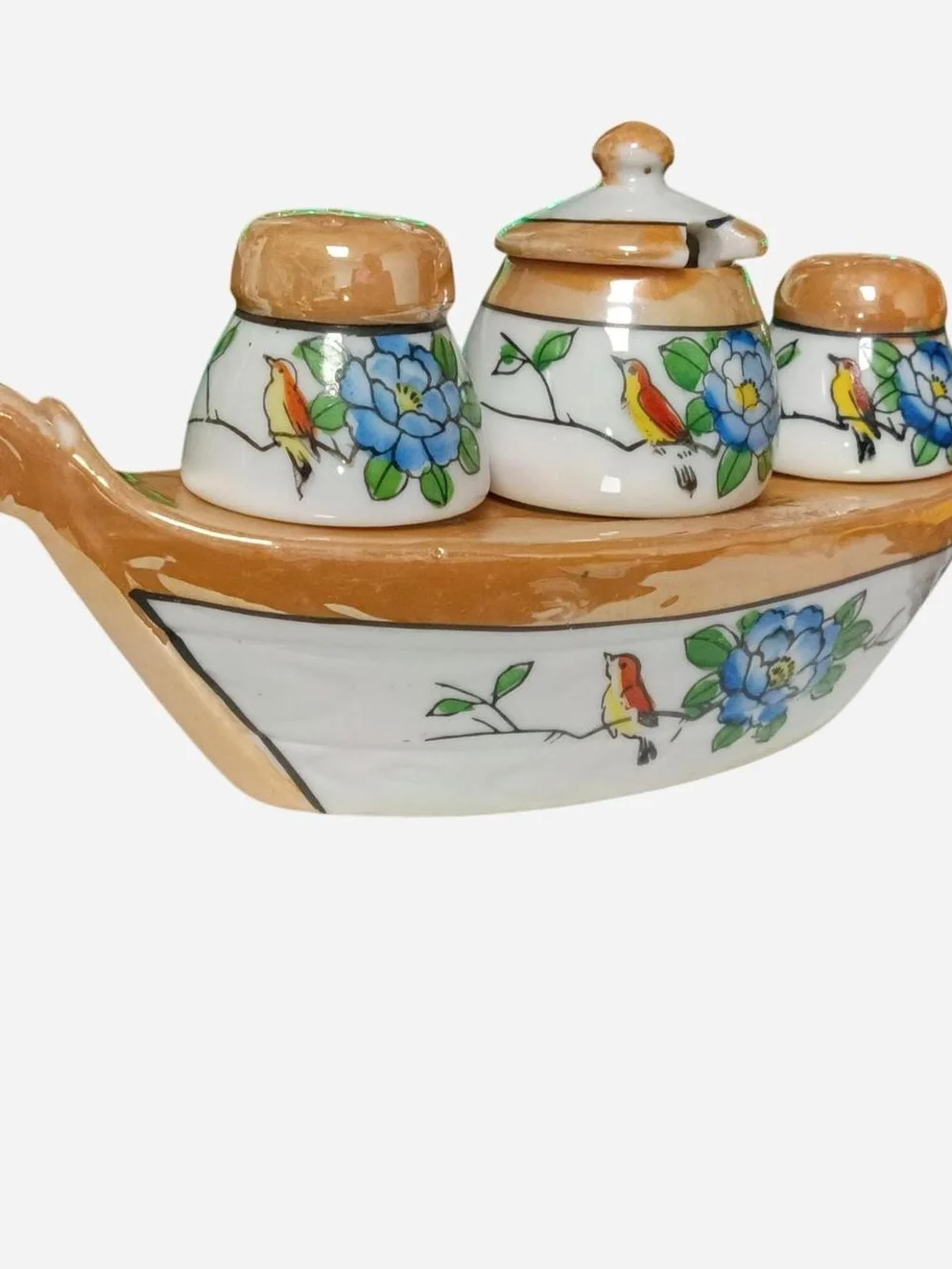 Hand-Painted Porcelain Condiment Set with Floral & Bird Motif